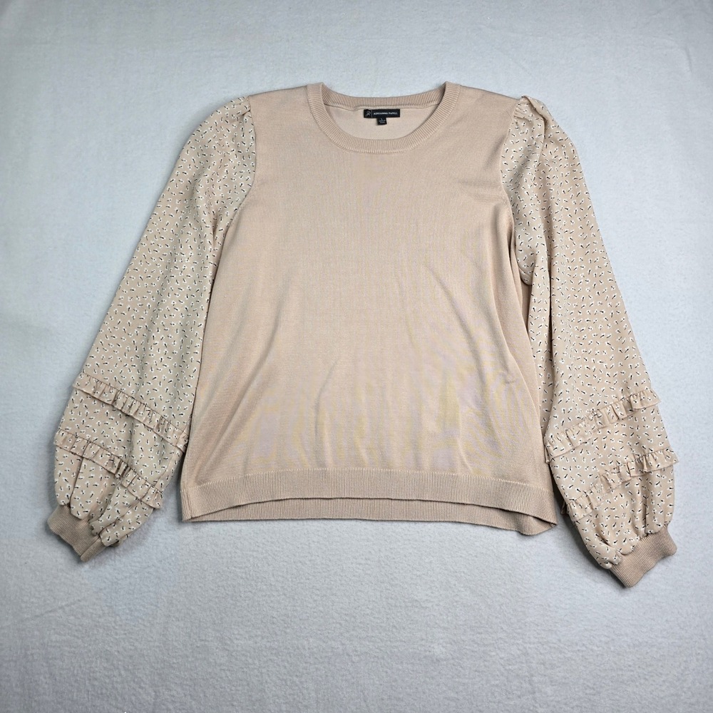 Adrianna Papell Women neutral light Beige Ruffled puff Sleeve Sweater Top Size L